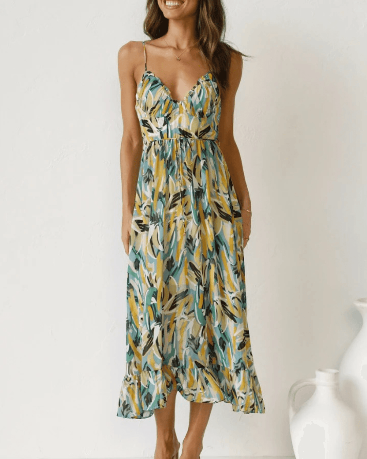 CD | Rochie midi colorată pentru femei - imprimeu floral, elegantă și ușoară