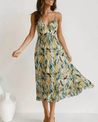 CD | Rochie midi colorată pentru femei - imprimeu floral, elegantă și ușoară