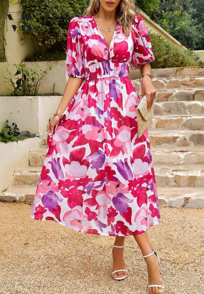 CD | Rochie midi florală elegantă cu mâneci bufante