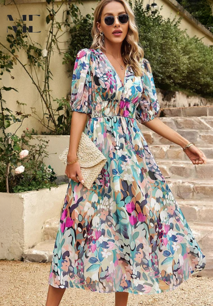 CD | Rochie midi florală elegantă cu mâneci bufante