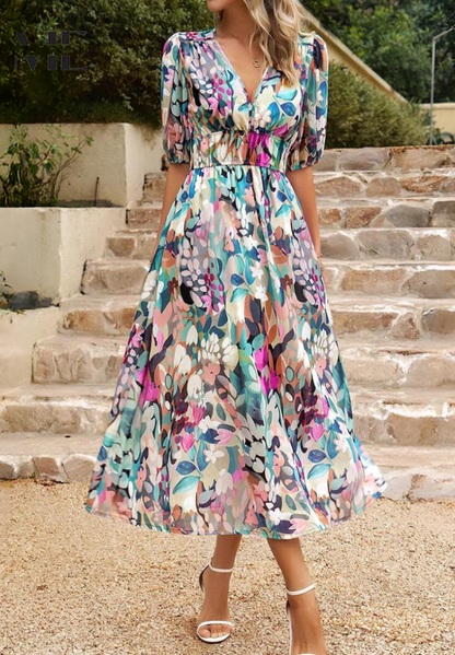 CD | Rochie midi florală elegantă cu mâneci bufante
