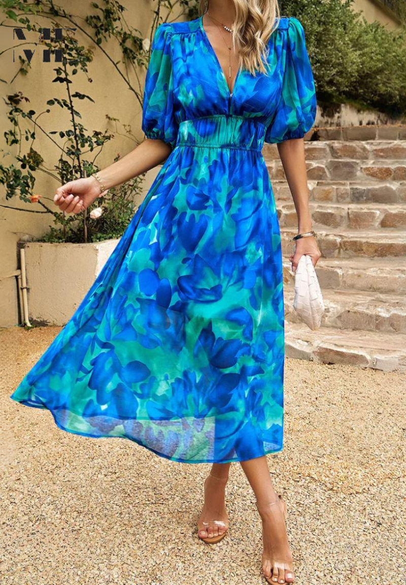 CD | Rochie midi florală elegantă cu mâneci bufante