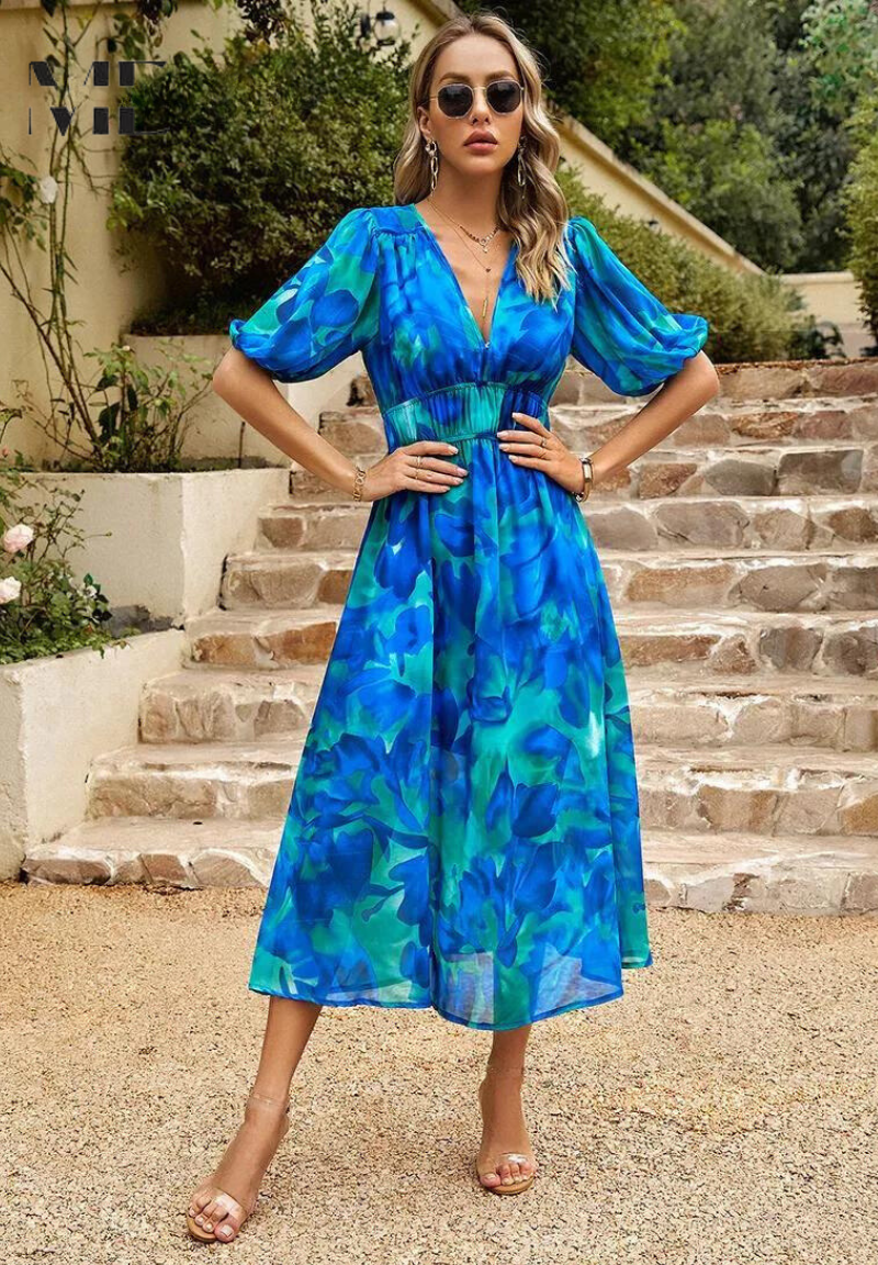CD | Rochie midi florală elegantă cu mâneci bufante