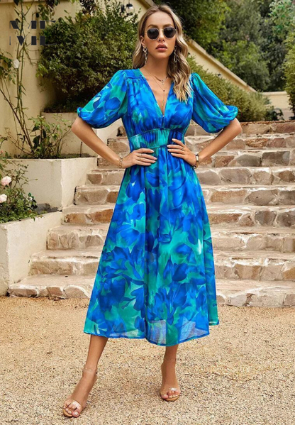 CD | Rochie midi florală elegantă cu mâneci bufante