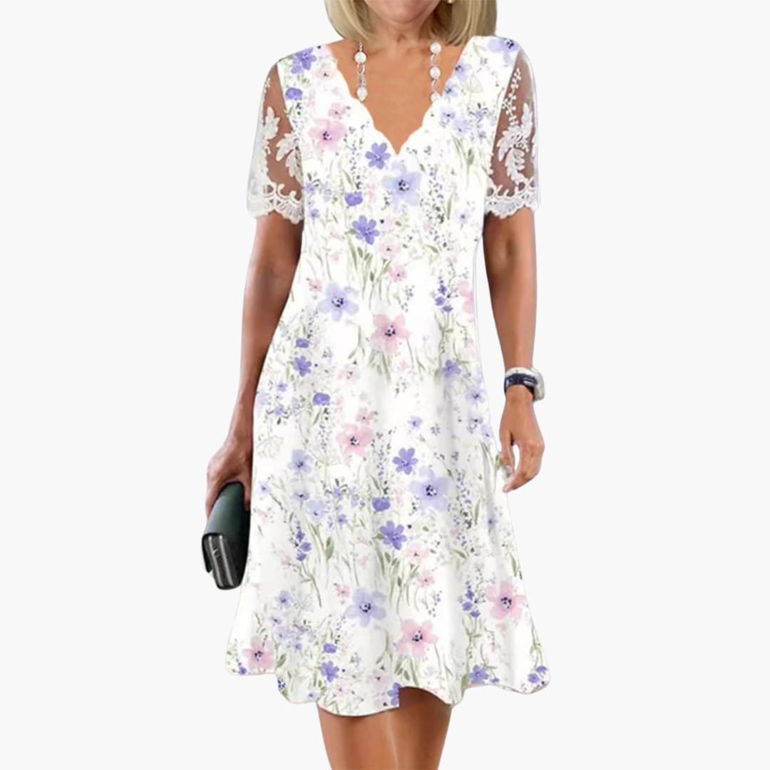 CD | Rochie midi floral pentru femei cu mâneci de dantelă pentru uzura de vară