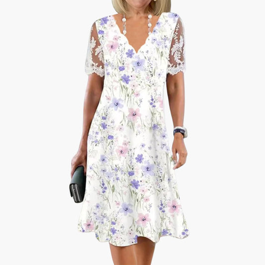CD | Rochie midi floral pentru femei cu mâneci de dantelă pentru uzura de vară