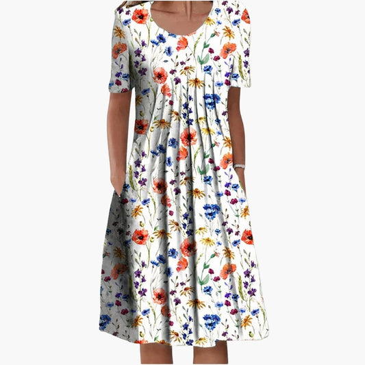 CD | Rochie midi de vară pentru femei cu imprimeu floral și mâneci scurte