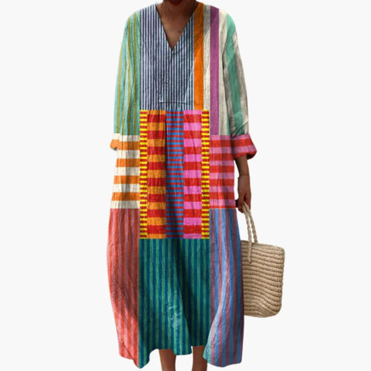 CD | Rochie midi cu mânecă lungă pentru femei, cu decolteu în V și patchwork