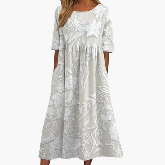 CD | Rochie midi din dantelă florală pentru femei cu mâneci scurte și croială A-line