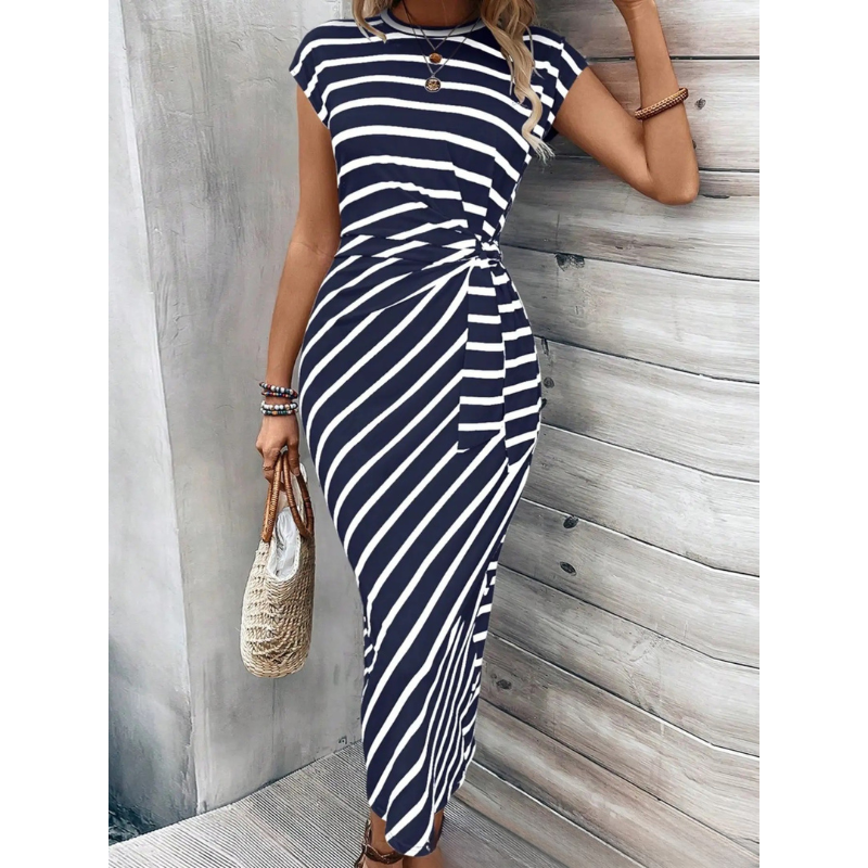 CD | Rochie midi pentru femei - Decolteu rotund în dungi - Talie de cravată bodycon fit - Stil casual de vară