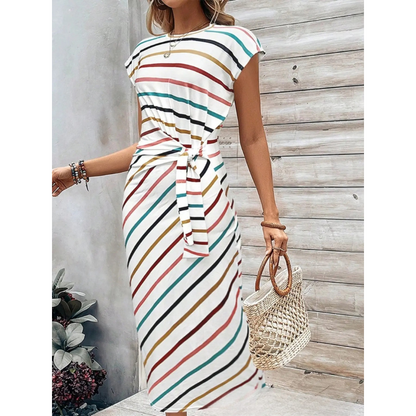 CD | Rochie midi pentru femei - Decolteu rotund în dungi - Talie de cravată bodycon fit - Stil casual de vară