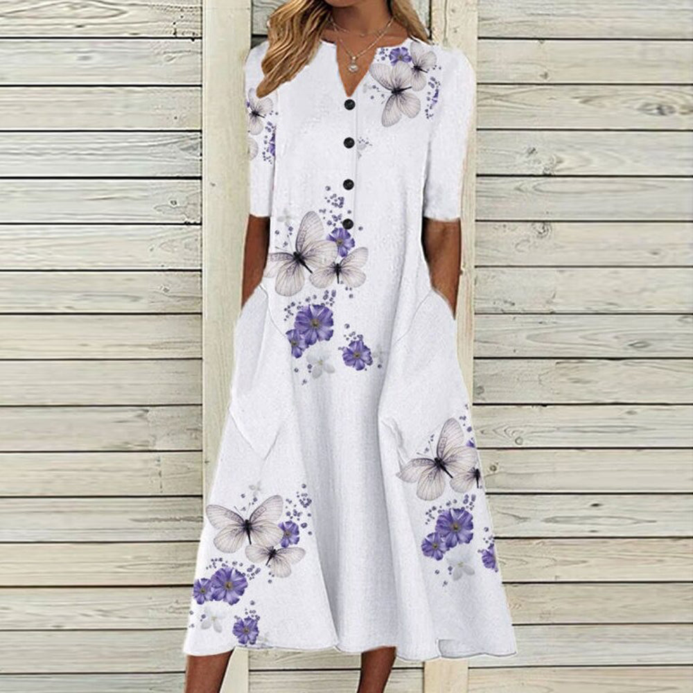 CD | Rochie midi pentru femei - decolteu în V - butonieră - mâneci scurte - imprimeu floral cu fluturi - buzunare