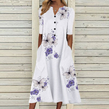CD | Rochie midi pentru femei - decolteu în V - butonieră - mâneci scurte - imprimeu floral cu fluturi - buzunare