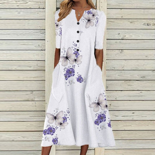 CD | Rochie midi pentru femei - decolteu în V - butonieră - mâneci scurte - imprimeu floral cu fluturi - buzunare
