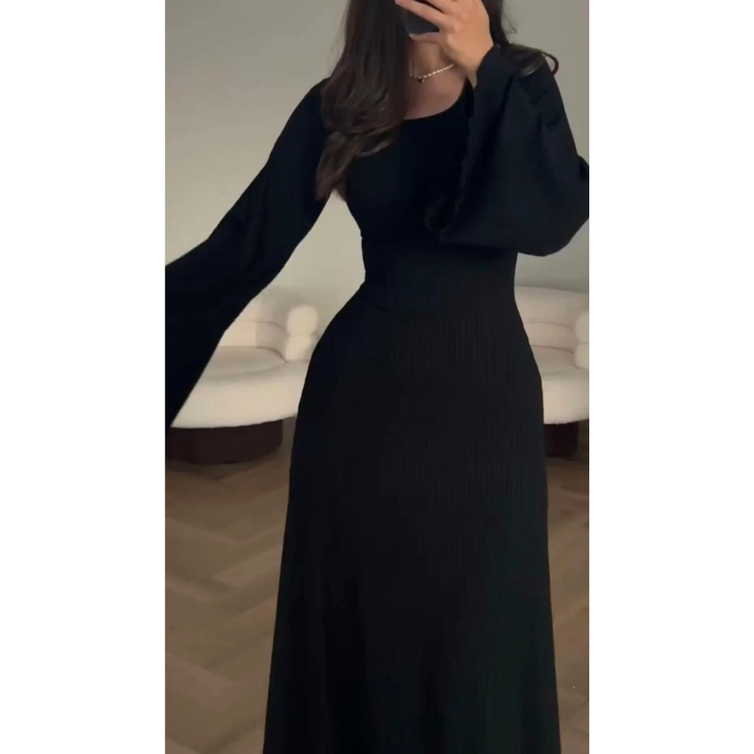 CD | Rochie maxi tricotată pentru femei - textură nervurată - mâneci lungi - decolteu rotund - tiv evazat