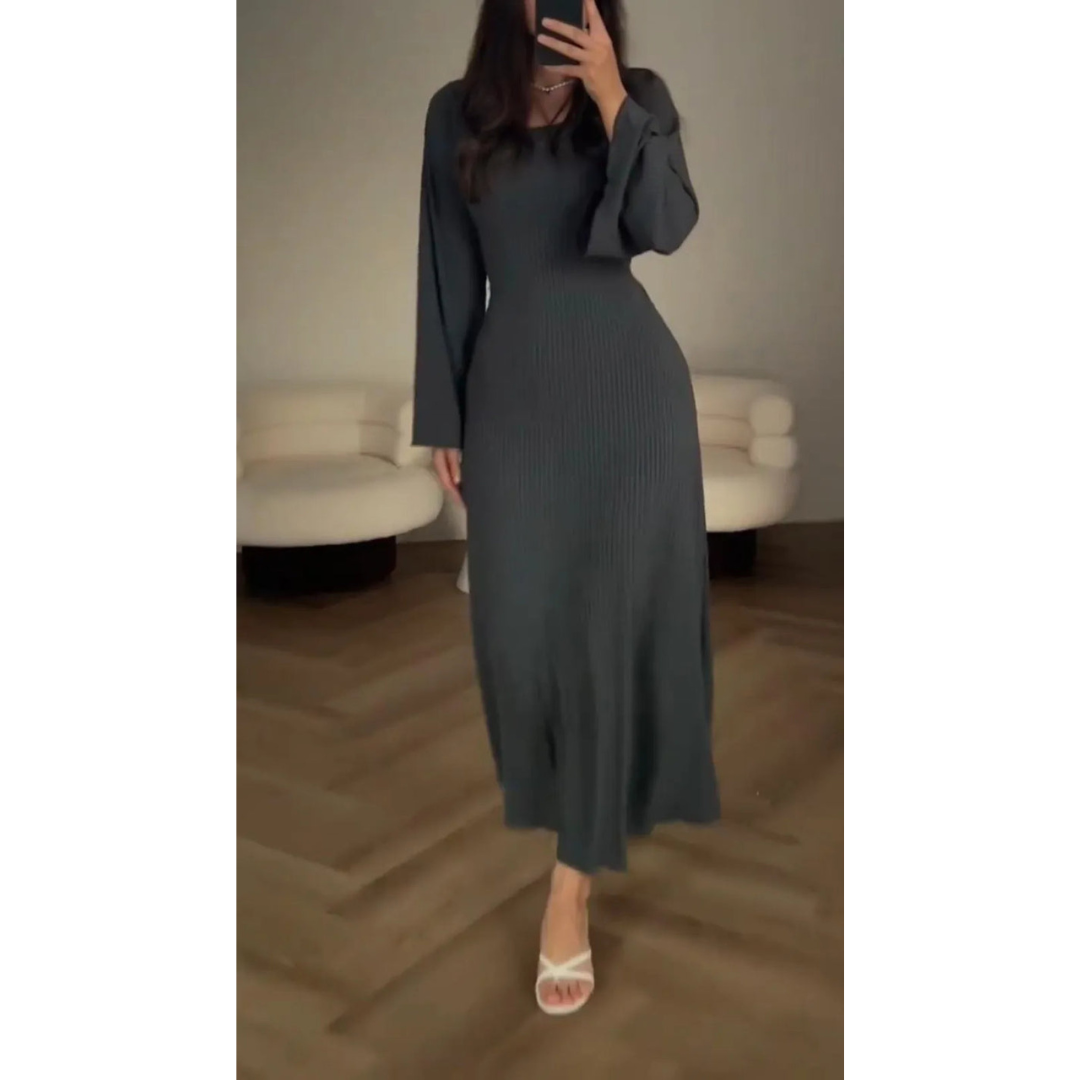 CD | Rochie maxi tricotată pentru femei - textură nervurată - mâneci lungi - decolteu rotund - tiv evazat