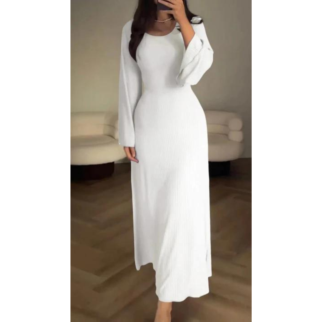 CD | Rochie maxi tricotată pentru femei - textură nervurată - mâneci lungi - decolteu rotund - tiv evazat