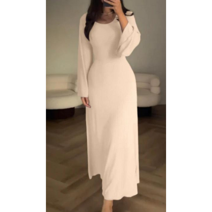 CD | Rochie maxi tricotată pentru femei - textură nervurată - mâneci lungi - decolteu rotund - tiv evazat