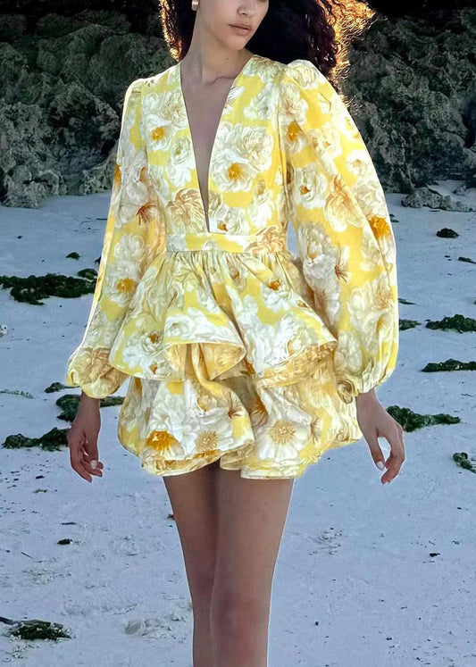 CD | Femei galben V-Neck imprimare Mini rochie Lantern Sleeve