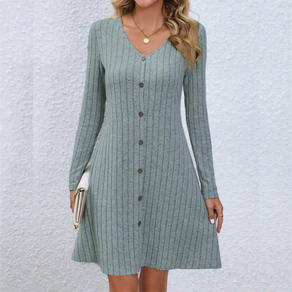 CD | Rochie midi chic cu decolteu în V și talie cu nasturi, mâneci lungi, monocolor