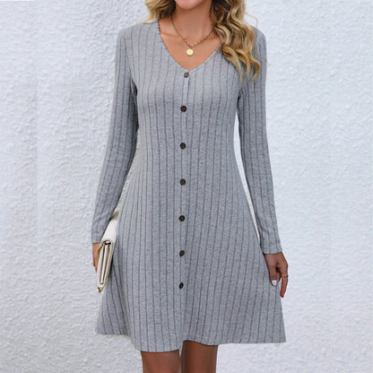 CD | Rochie midi chic cu decolteu în V și talie cu nasturi, mâneci lungi, monocolor