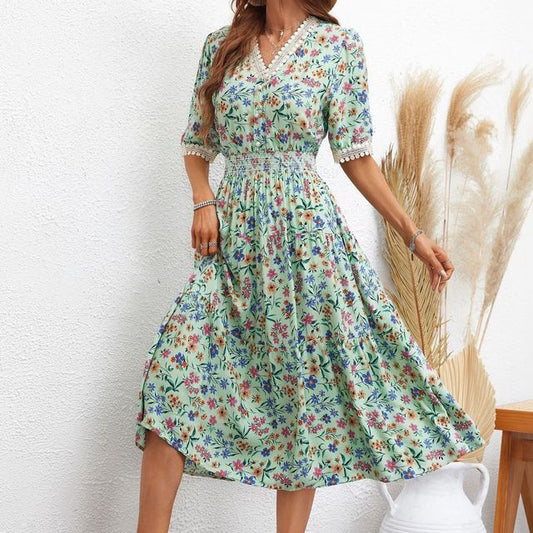 CD | Rochie midi cu decolteu în V și model floral în linie A FR1061