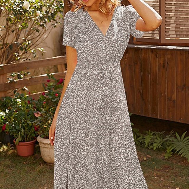 CD | Rochie midi cu decolteu în V și model floral în linie A FR102