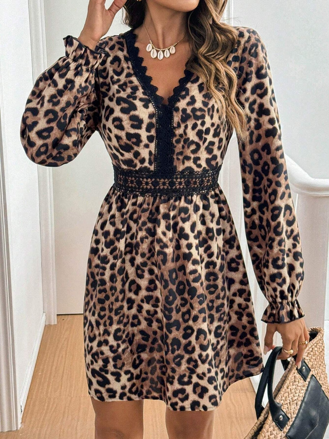 CD | Dantelă detaliu leopard maneca flounce rochie mini