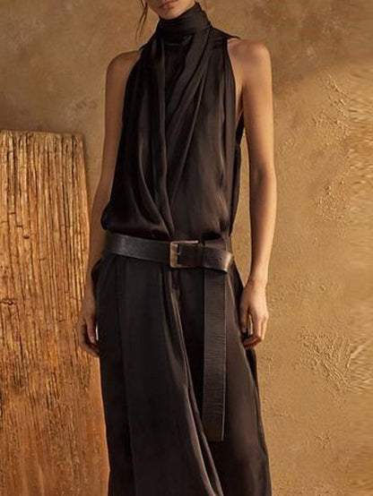 CD | Negru Elegant Unicolor decolteu înalt fără mâneci vrac Maxi Tank rochie