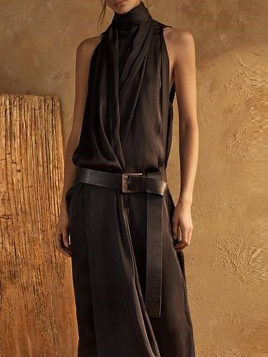CD | Negru Elegant Unicolor decolteu înalt fără mâneci vrac Maxi Tank rochie