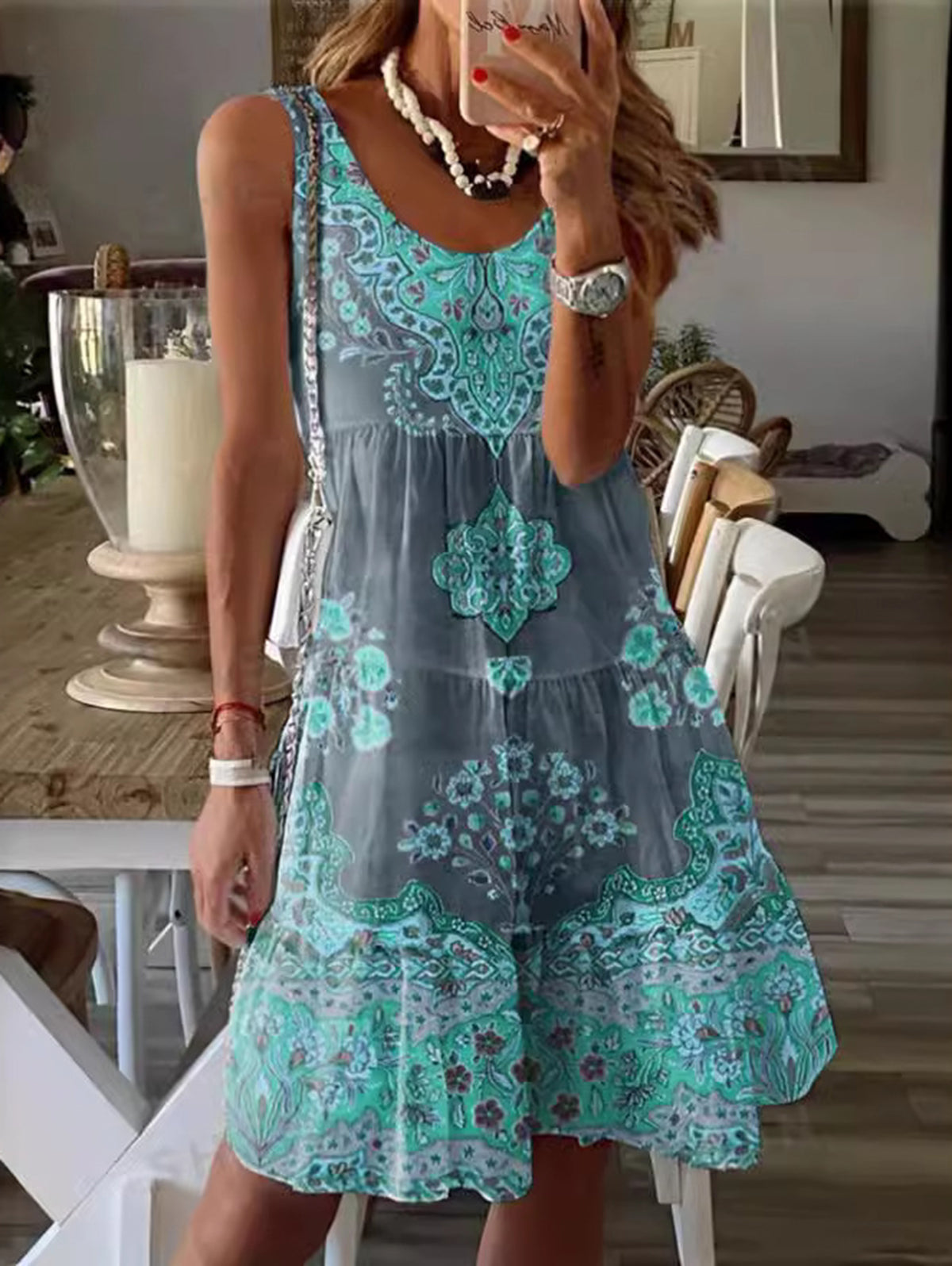 CD | Boho rotund gât model floral mini rochie fără mâneci