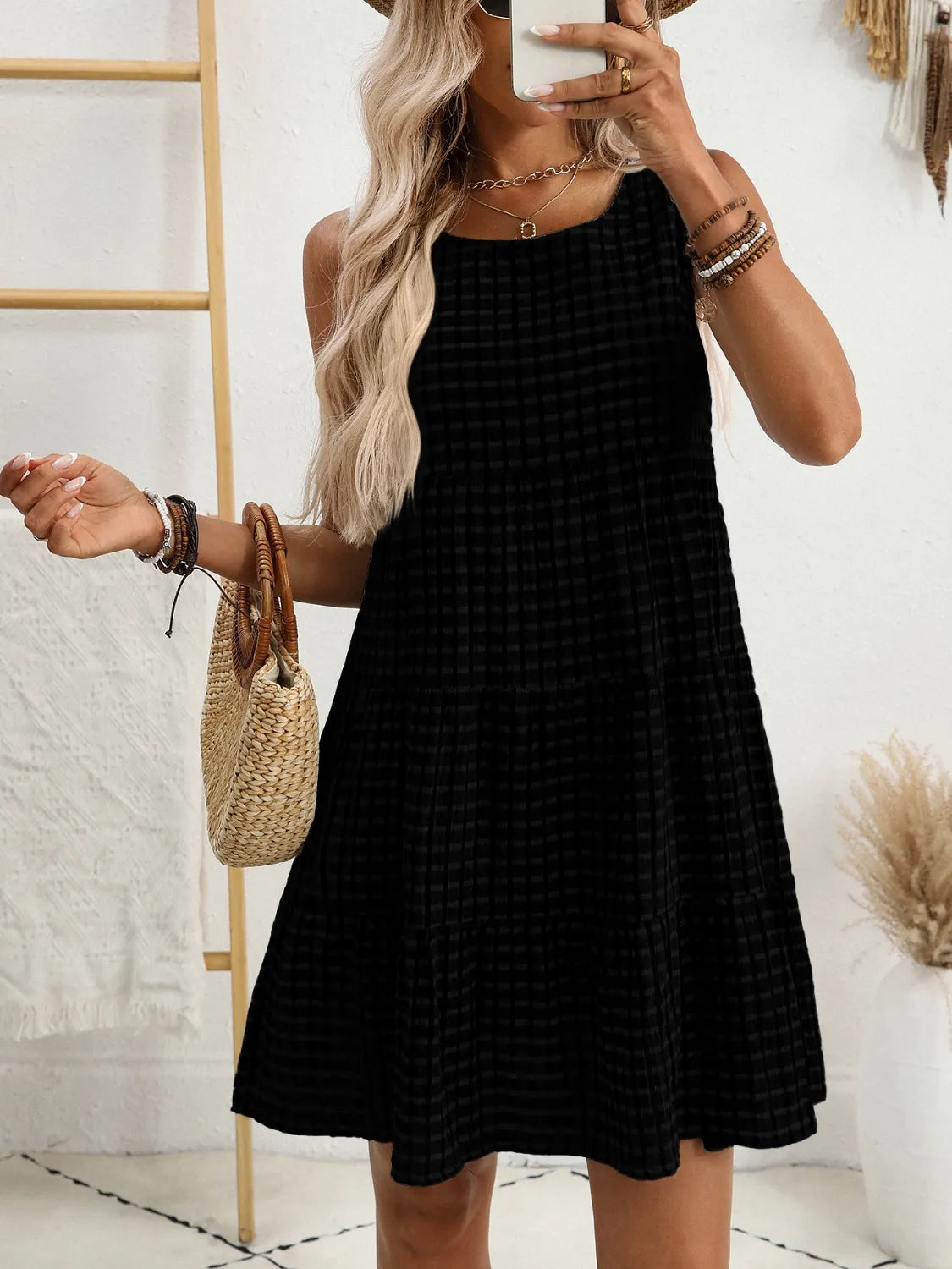 CD | Rochie mini fără mâneci cu decolteu rotund în carouri