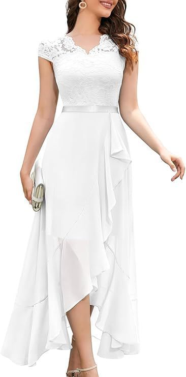 CD | Ladies V-Neck Short Sleeve Formal Dress with Lace Bodice