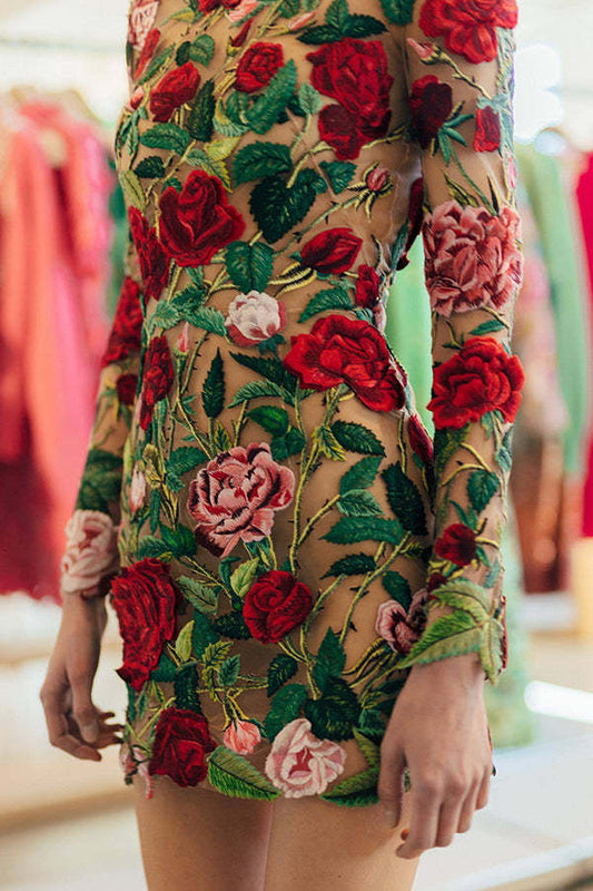 CD | Rosie Moments Floral Applique rochie mini cu mânecă lungă