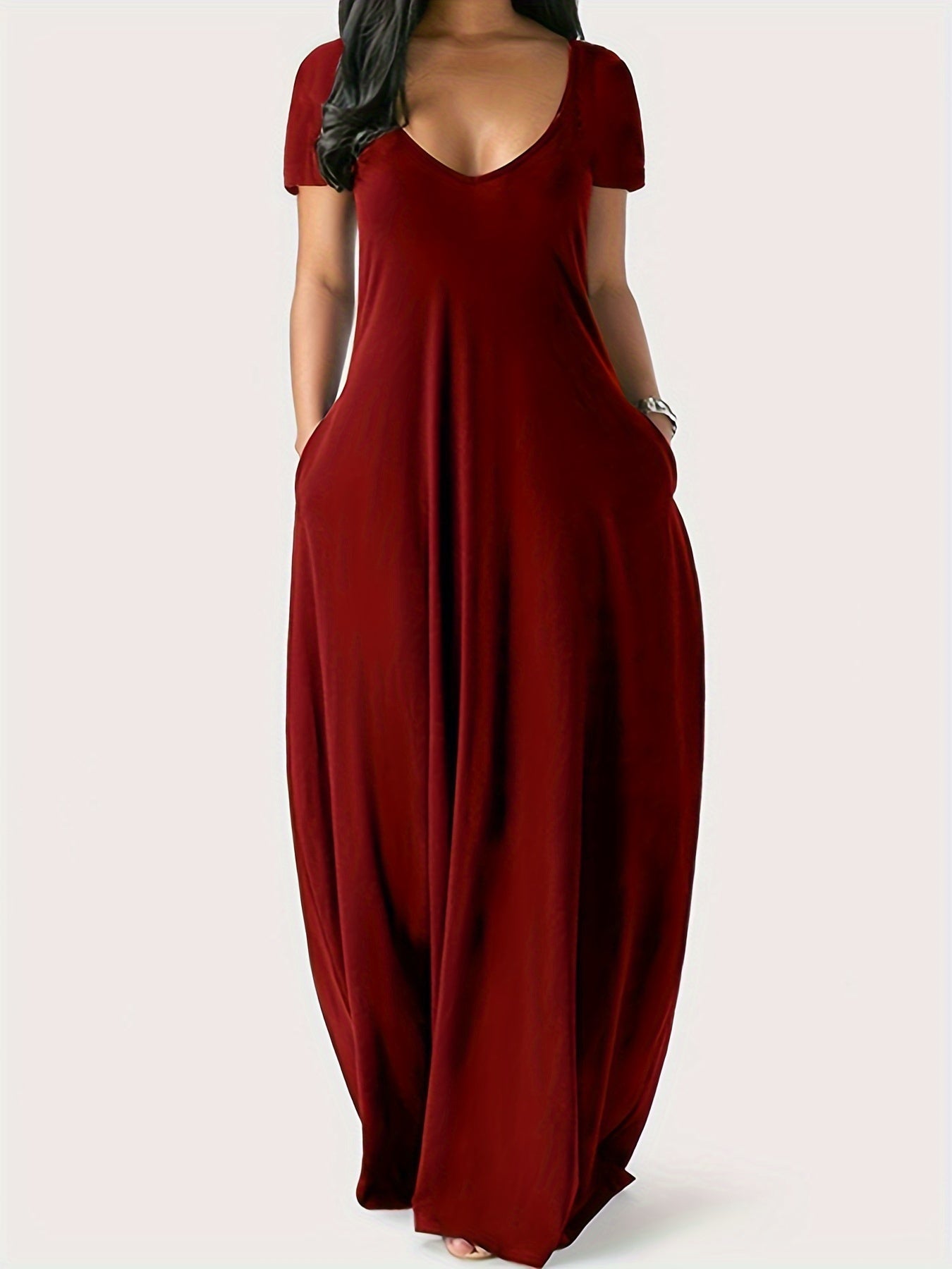 CD | Rochie maxi pentru femei - Croială fluidă - Decolteu în V - Mâneci scurte - Lightweight cu buzunare