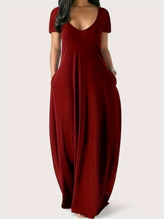 CD | Rochie maxi pentru femei - Croială fluidă - Decolteu în V - Mâneci scurte - Lightweight cu buzunare