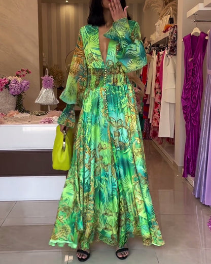 CD | Rochie lungă elegantă cu model imprimat și talie imperiu