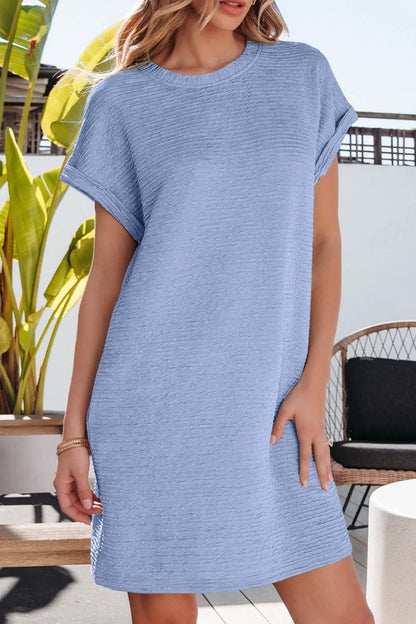 CD | Culoare solidă texturată Crinkle Rochie tricou cu mânecă scurtă