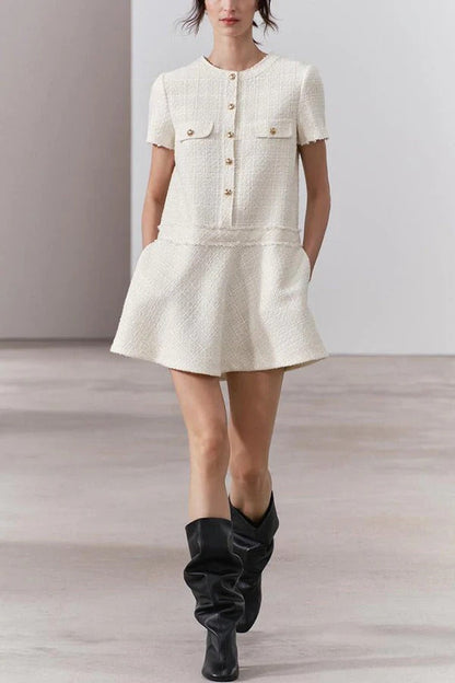 CD | 1960s London Girl tweed texturat aur buton cu mânecă scurtă buzunar mini rochie