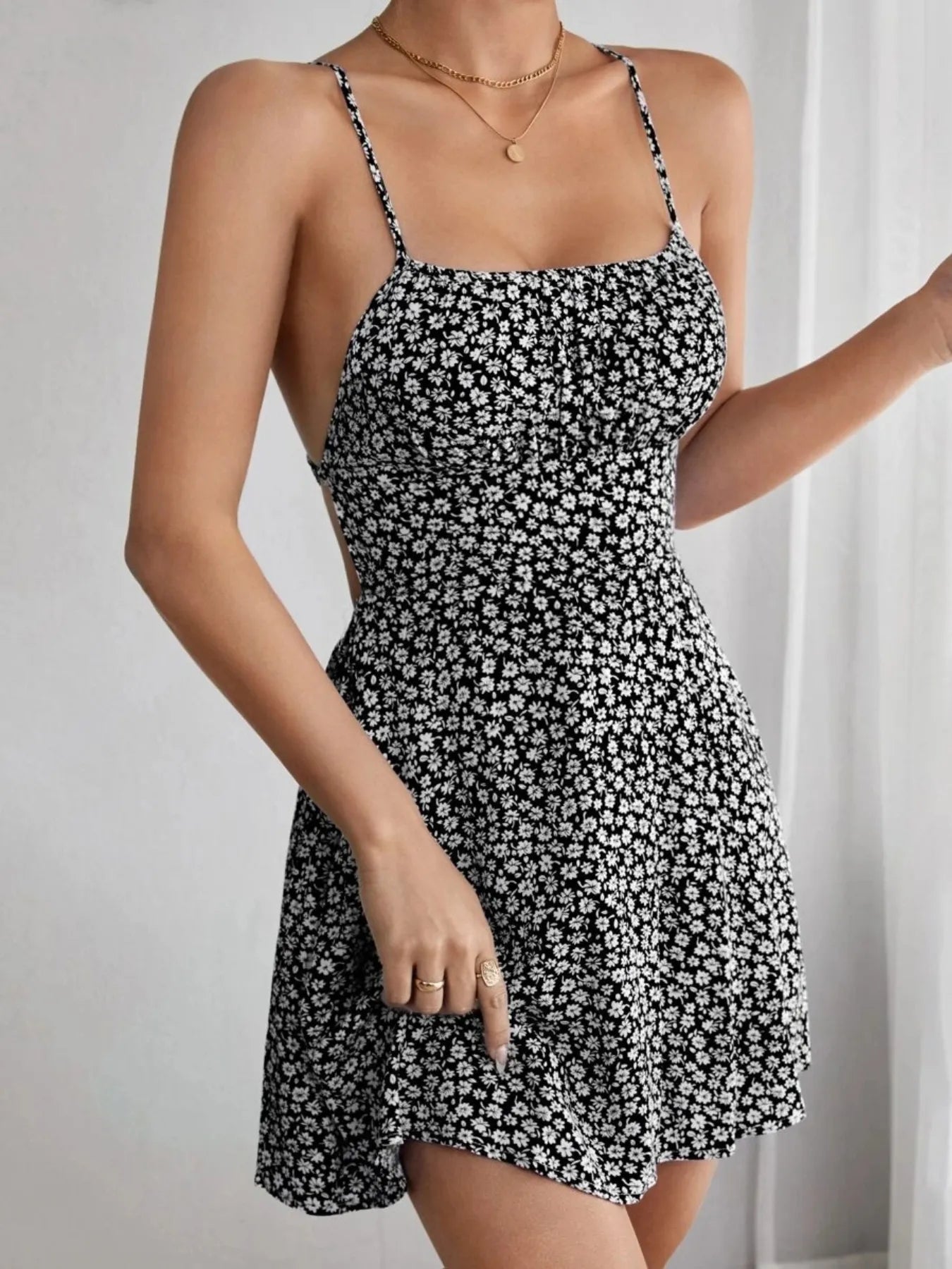 CD | Floral Print Spaghetti Strap Vara Mini Rochie