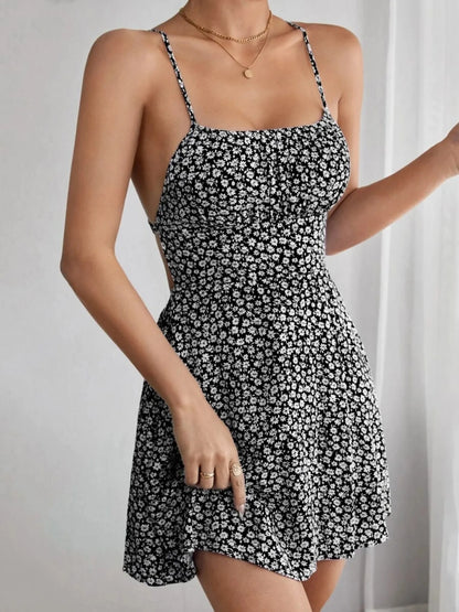 CD | Floral Print Spaghetti Strap Vara Mini Rochie