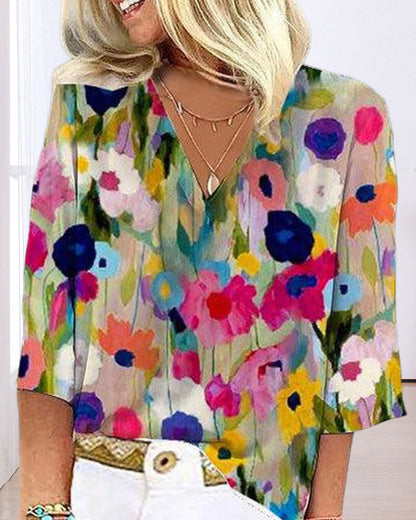 CD | Bluză casual colorată cu imprimeu floral, decolteu în V și mâneci trei sferturi