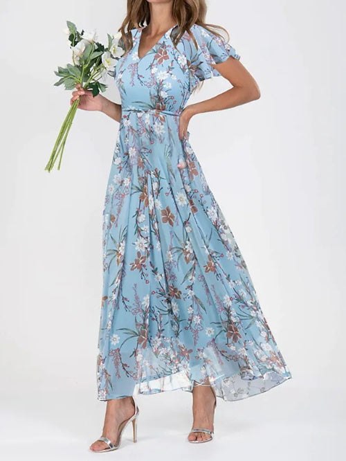 CD | Floral Print Short Sleeve Dress Summer Fashion Ruffle Beach Dresses Îmbrăcăminte pentru femei