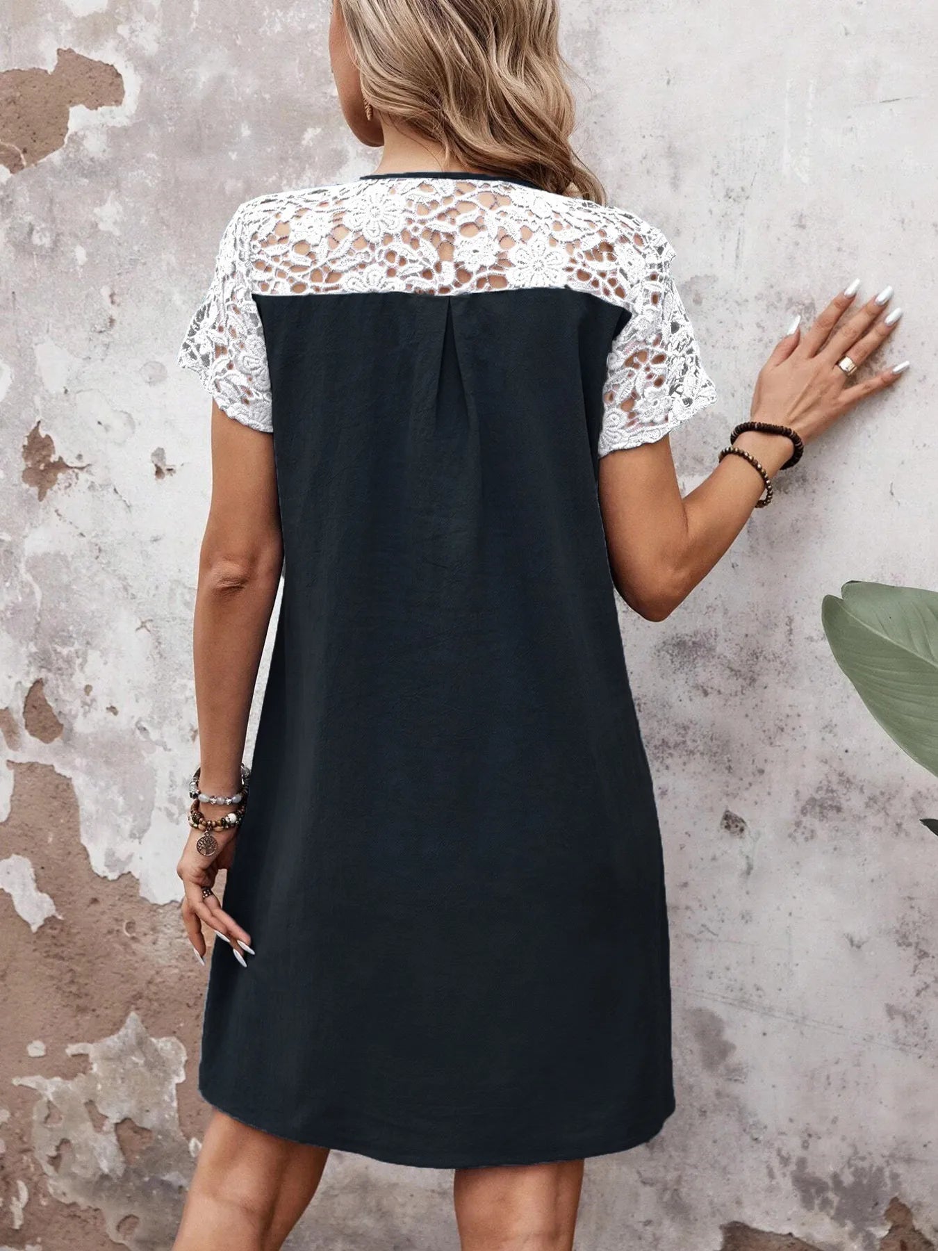 CD | dantelă buton placket rotund decolteu rochie mini