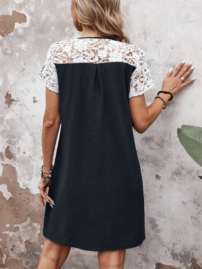 CD | dantelă buton placket rotund decolteu rochie mini