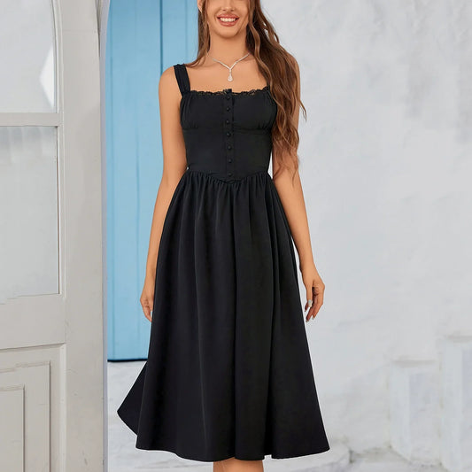 CD | Ladies vintage corset rochie midi - fără mâneci, buton-up, A-line sundress