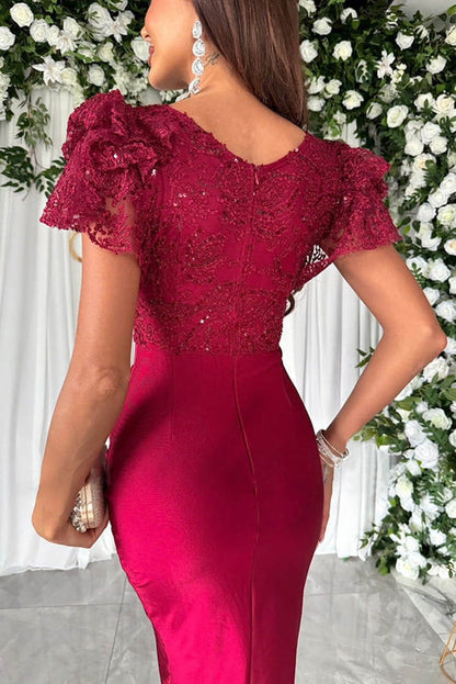 CD | Dreamy lux dantelă și satin patchwork mâneci volane rochie midi volane