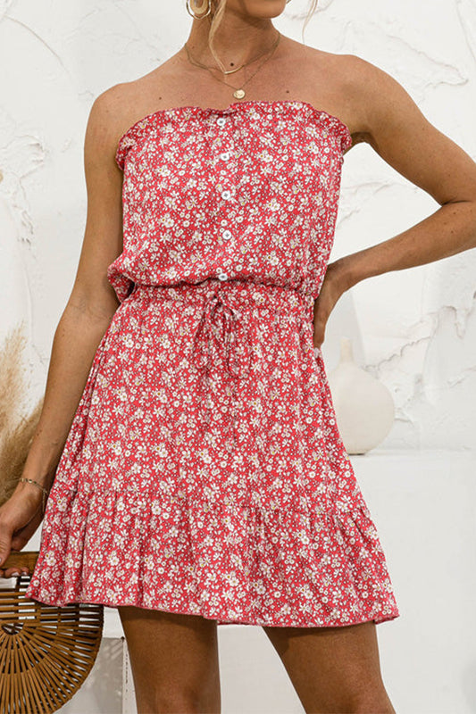 CD | Rochie mini fără bretele cu imprimeu floral și talie