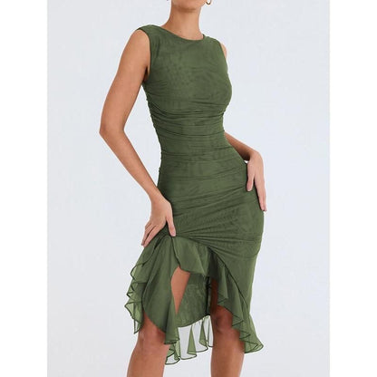 CD | Rochie midi elegantă fără spate cu volane