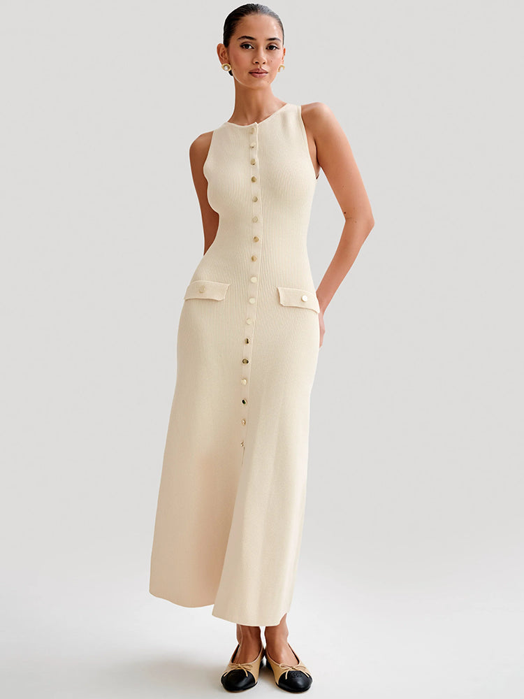 CD | Rochie maxi elegantă fără mâneci cu nasturi pentru femei